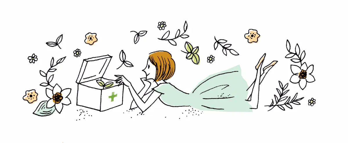 ハーブの森に横たわる女性のイラスト
